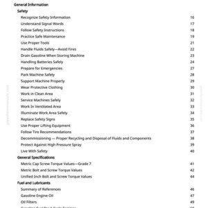 May include: A printed table of contents from a manual, with sections on safety, general information, and fuel and lubricants. The text includes topics like "Handle Fluids Safely" and "Gasoline Engine Oil".
