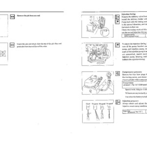 Puede incluir: Una p&aacute;gina de manual con diagramas y texto relacionados con el mantenimiento del motor. Los diagramas muestran varios componentes y procedimientos del motor, incluyendo el ajuste de la inyecci&oacute;n y las comprobaciones de la presi&oacute;n de compresi&oacute;n.
