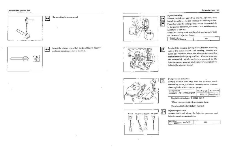 Puede incluir: Una p&aacute;gina de manual con diagramas y texto relacionados con el mantenimiento del motor. Los diagramas muestran varios componentes y procedimientos del motor, incluyendo el ajuste de la inyecci&oacute;n y las comprobaciones de la presi&oacute;n de compresi&oacute;n.