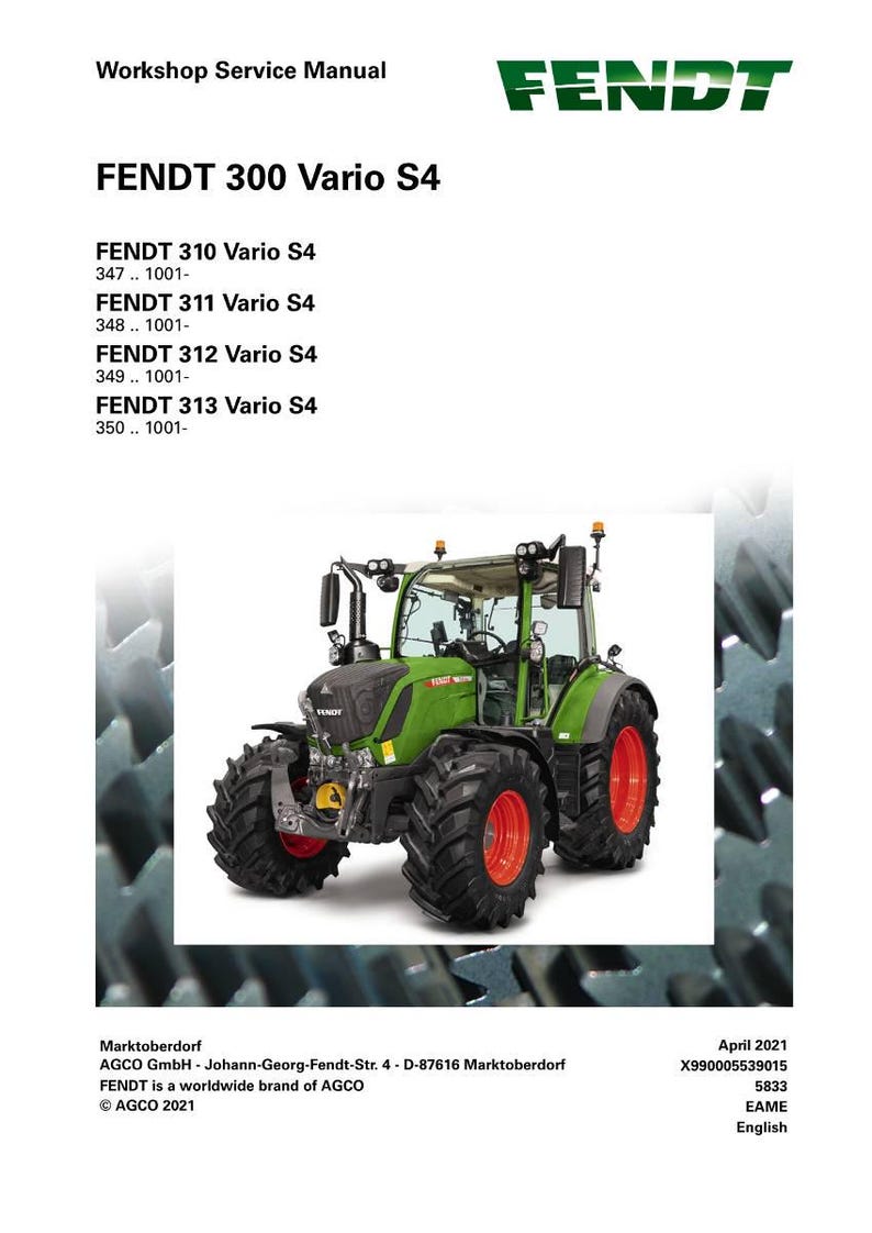 May include: A green and gray Fendt 300 Vario S4 tractor with large black tires and red wheel rims is featured in this workshop service manual. The manual's cover includes the Fendt logo and model information. The image is set against a white background.