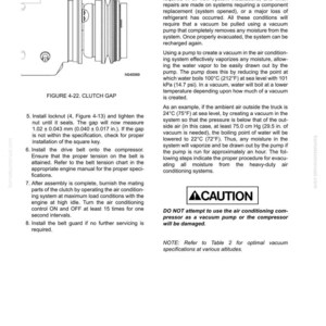 May include: Diagram of a clutch gap with measurements in inches, part of an air conditioning system. The image includes text about installation and maintenance procedures, along with a caution notice about using the compressor as a vacuum pump.