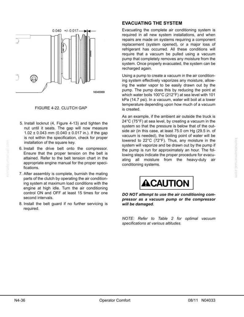 May include: Diagram of a clutch gap with measurements in inches, part of an air conditioning system. The image includes text about installation and maintenance procedures, along with a caution notice about using the compressor as a vacuum pump.