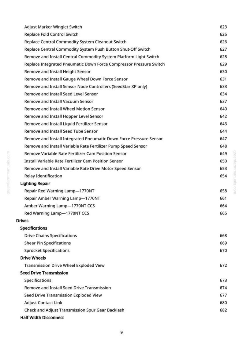 May include: A detailed page from a manual, listing various components and procedures. The text includes terms like "Adjust Marker Winglet Switch," "Repair Red Warning Lamp," and "Drive Chains Specifications." The page number is 9.