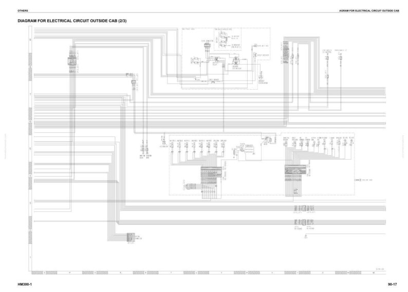 May include: Diagram for electrical circuit outside cab (2/3) with a complex network of lines, symbols, and text. The diagram is in black and white, showing the intricate wiring of an electrical system.