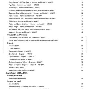 May include: A page from a manual with a table of contents for engine repair, including sections on removing and installing various components like the crankshaft, cylinder head, and fuel pump. The page also lists specifications and other materials.