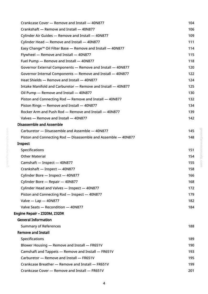 May include: A page from a manual with a table of contents for engine repair, including sections on removing and installing various components like the crankshaft, cylinder head, and fuel pump. The page also lists specifications and other materials.