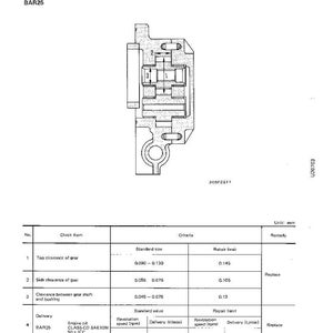 May include: Diagram of a charging pump, labeled BAR25, with detailed internal components and measurements in millimeters. Includes a table with criteria for gear clearance and delivery specifications.