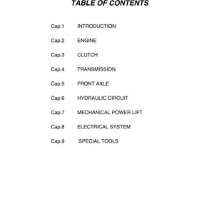 May include: A white page with a table of contents for a manual. The title "TABLE OF CONTENTS" is at the top. The list includes sections on the engine, clutch, transmission, and electrical system.