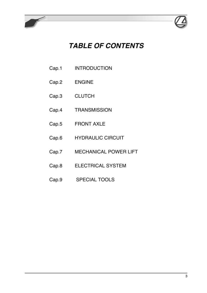 May include: A white page with a table of contents for a manual. The title "TABLE OF CONTENTS" is at the top. The list includes sections on the engine, clutch, transmission, and electrical system.