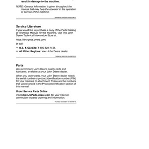 May include: A white page from a manual with the title "Introduction" at the top. The text includes warnings, service literature details, and parts information. Contact details and website addresses are provided.