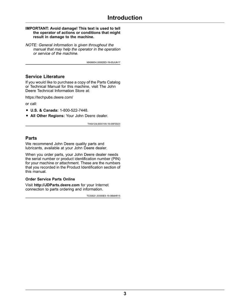 May include: A white page from a manual with the title "Introduction" at the top. The text includes warnings, service literature details, and parts information. Contact details and website addresses are provided.