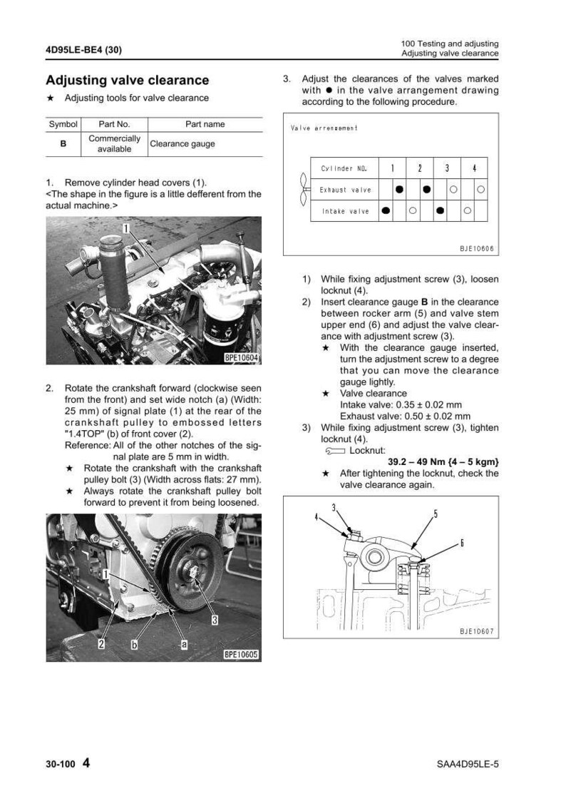 May include: Diagram illustrating valve clearance adjustment procedures for an engine. Includes images of engine components, diagrams, and text instructions. Features measurements in millimeters and Newton meters.