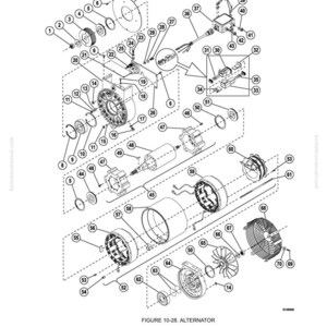 Pu&ograve; includere: Un diagramma esploso di un alternatore di carica della batteria, etichettato come "Figura 10-28. Alternatore". Il diagramma mostra vari componenti, tra cui una ventola, un rotore, uno statore e altre parti, con etichette numerate.