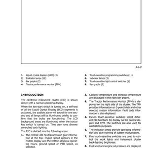 Pode incluir: Diagrama detalhado de um painel de instrumentos eletr&ocirc;nico (EIC) com v&aacute;rios componentes rotulados, incluindo displays de cristal l&iacute;quido, luzes indicadoras e gr&aacute;ficos de barras. O documento fornece uma vis&atilde;o geral das fun&ccedil;&otilde;es e recursos do EIC.
