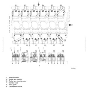 Peut inclure: Sch&eacute;ma technique d'une culasse, avec des composants tels que le collecteur d'eau, le logement de culbuteur et le gicleur d'injection. L'image est une illustration d&eacute;taill&eacute;e avec des &eacute;tiquettes pour chaque pi&egrave;ce.