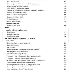 Op de afbeelding: Een pagina uit een handleiding met een inhoudsopgave. De onderwerpen omvatten motoronderhoud, brandstofsystemen en snelheidsregeling. De tekst is zwart op een witte achtergrond.