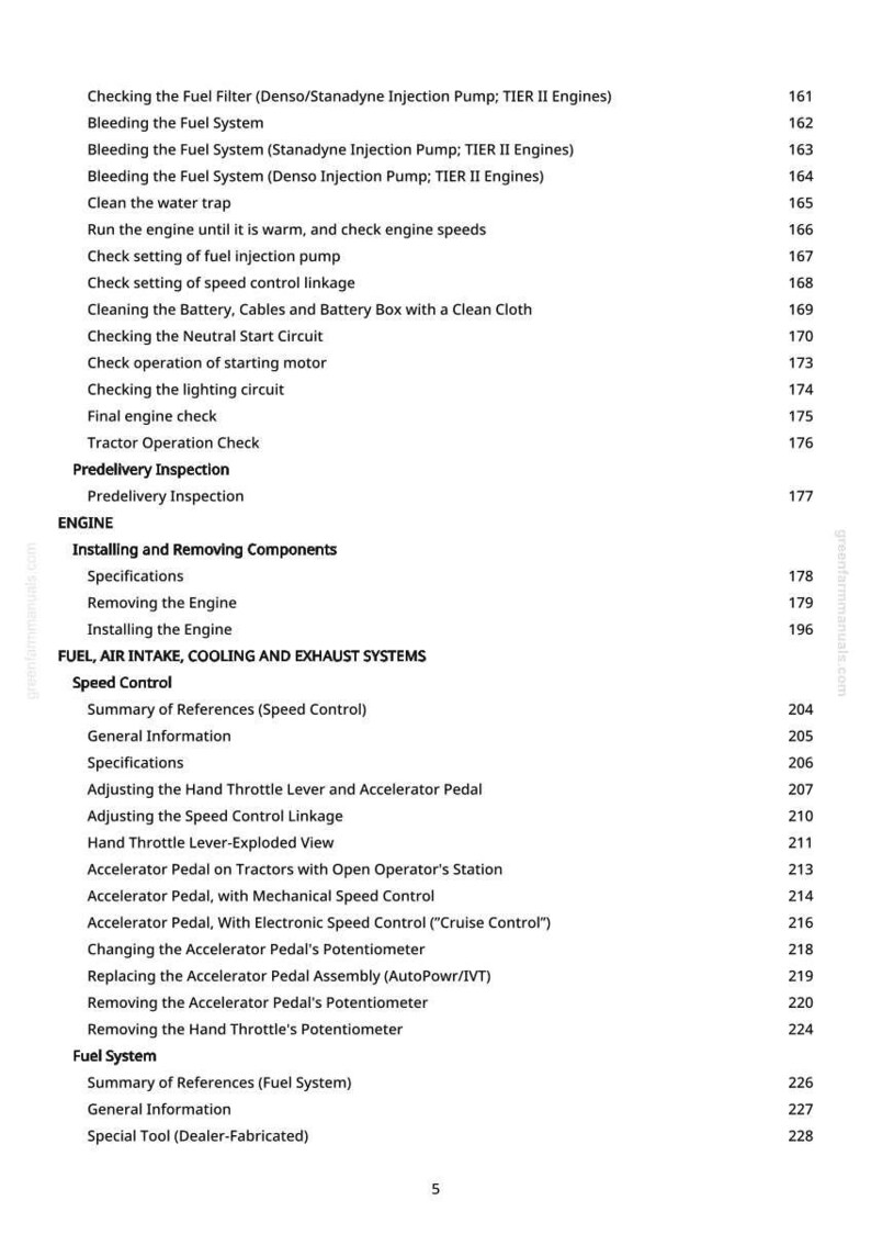 Op de afbeelding: Een pagina uit een handleiding met een inhoudsopgave. De onderwerpen omvatten motoronderhoud, brandstofsystemen en snelheidsregeling. De tekst is zwart op een witte achtergrond.