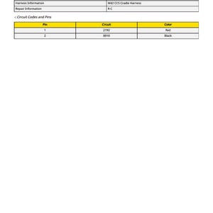 May include: A detailed component information table with headings and data. The table includes information on the number of pins, connection point, harness information, and repair information. A second table lists circuit codes and pin colors.