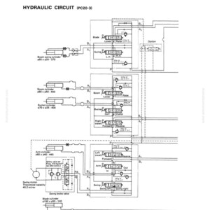 May include: Diagram of a hydraulic circuit, labeled "HYDRAULIC CIRCUIT (PC20-3)". The diagram includes components like cylinders, valves, and a swing motor, with text indicating functions such as "Lower", "Raise", "Forward", and "Reverse".