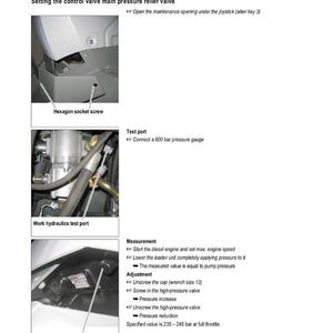 May include: Diagram of a hydraulic system with labels and instructions. Includes images of components like a hexagon socket screw, test port, and main pressure relief valve. Text details measurement and adjustment procedures.