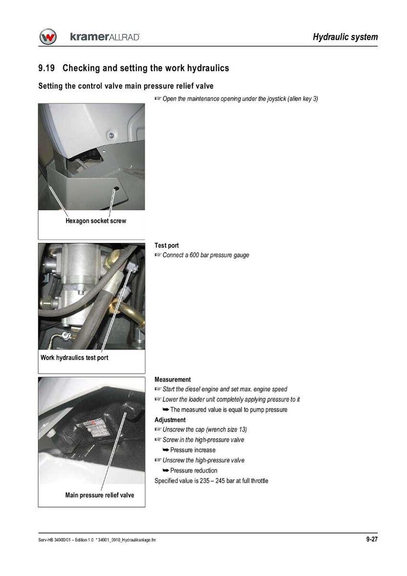 May include: Diagram of a hydraulic system with labels and instructions. Includes images of components like a hexagon socket screw, test port, and main pressure relief valve. Text details measurement and adjustment procedures.
