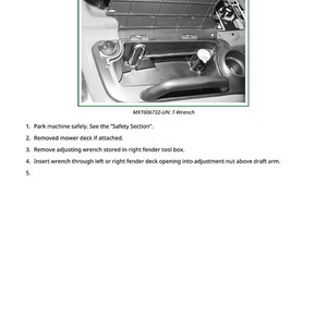 May include: Image shows instructions for removing and installing lift linkage. The image includes a diagram of the lift linkage components and a list of numbered steps. The text includes the model number MXT006732-UN and the tool name T-Wrench.