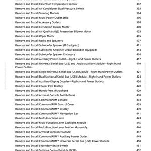 May include: A detailed list of automotive repair procedures, including the removal and installation of various components such as switches, motors, and modules. The text is in black font on a white background.