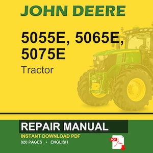 Pu&ograve; includere: Un trattore John Deere &egrave; raffigurato su sfondo giallo. Il testo recita "JOHN DEERE" in verde, con "5055E, 5065E, 5075E" sotto. Sono visibili anche le parole "Tractor" e "REPAIR MANUAL".