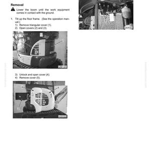 May include: Diagram of the removal and installation of a radiator and hydraulic oil cooler assembly. The image includes numbered steps and close-up views of the equipment, with text instructions. The model number PC20MR-2 is visible.