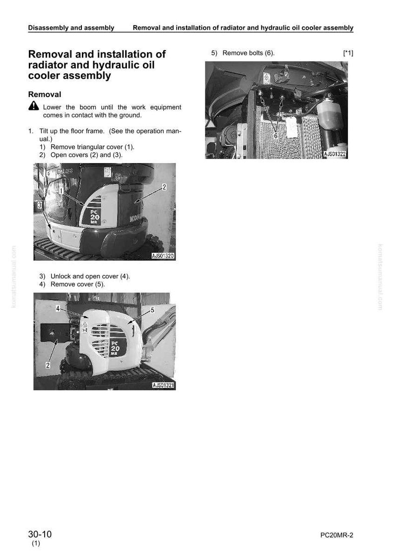 May include: Diagram of the removal and installation of a radiator and hydraulic oil cooler assembly. The image includes numbered steps and close-up views of the equipment, with text instructions. The model number PC20MR-2 is visible.