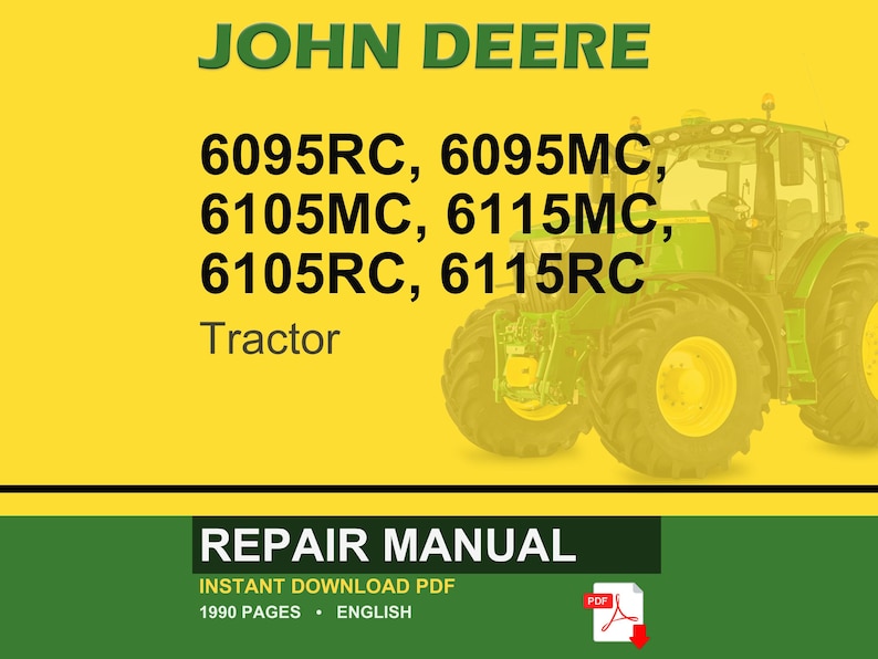 May include: A John Deere tractor repair manual cover. The image features a green and yellow tractor on a yellow background. Text includes "JOHN DEERE" and tractor model numbers. The bottom section reads "REPAIR MANUAL".