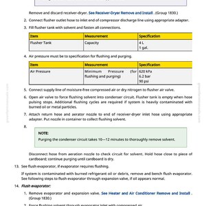 May include: A page from a manual detailing air conditioning system maintenance. It includes instructions for flushing, with specifications for air pressure and flusher tank capacity (4 L, 1 gal). The text also provides safety warnings and step-by-step procedures.