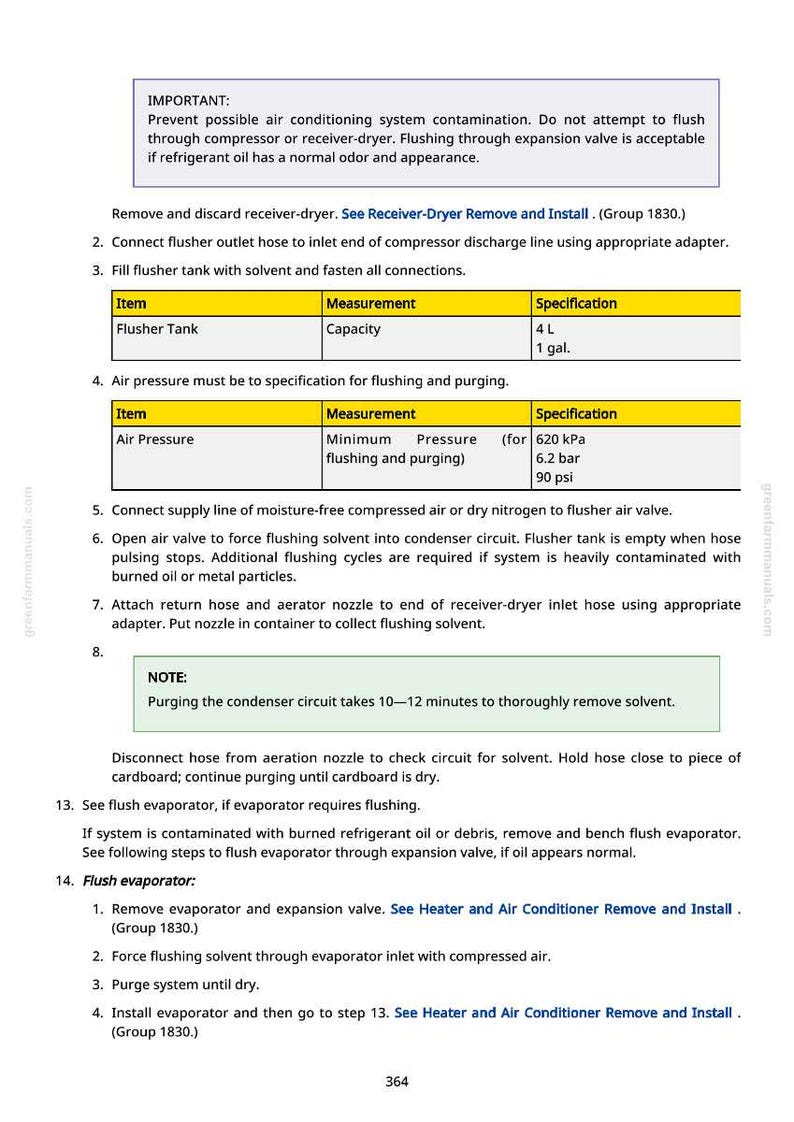 May include: A page from a manual detailing air conditioning system maintenance. It includes instructions for flushing, with specifications for air pressure and flusher tank capacity (4 L, 1 gal). The text also provides safety warnings and step-by-step procedures.