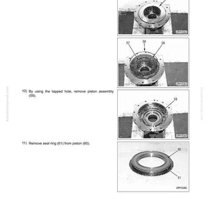 May include: Diagram of transmission assembly disassembly steps. Includes images of end plates, discs, plates, wave springs, piston assembly, and seal ring. Text labels identify each component with numbers.