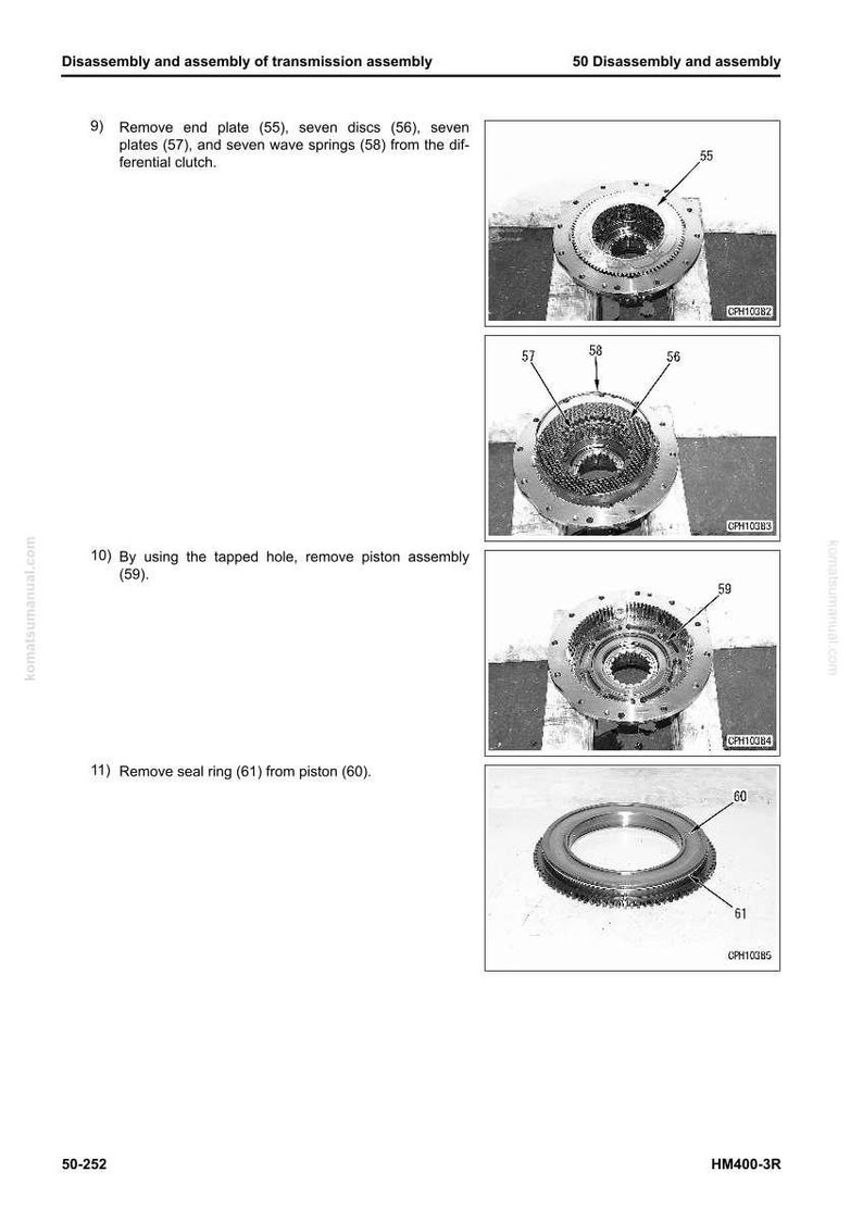 May include: Diagram of transmission assembly disassembly steps. Includes images of end plates, discs, plates, wave springs, piston assembly, and seal ring. Text labels identify each component with numbers.