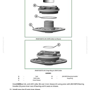 May include: Diagram of mechanical components, including a seal, shift collar, inner sheave, and snap ring. The image includes labels and a legend for each part, with the text "RXA0165072-UN: Shift Collar to Sheave" and "RXA0165073-UN: Snap Ring to Shift Collar".
