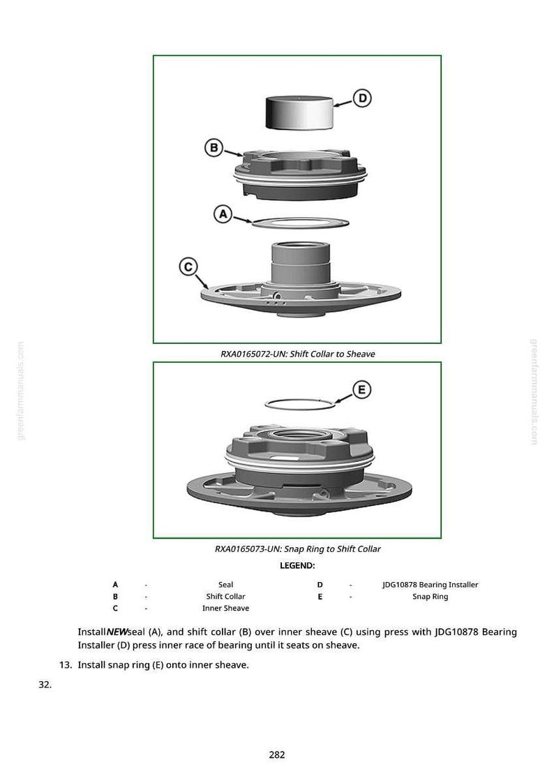 May include: Diagram of mechanical components, including a seal, shift collar, inner sheave, and snap ring. The image includes labels and a legend for each part, with the text "RXA0165072-UN: Shift Collar to Sheave" and "RXA0165073-UN: Snap Ring to Shift Collar".
