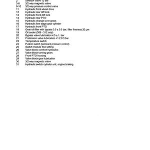 May include: An equipment table with a list of hydraulic and mechanical components, including pumps, valves, and gears. The text includes measurements in cm&sup3;/R and bar, and mentions filter fineness in &micro;m.