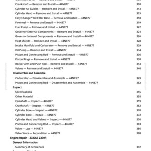 May include: A white page with a detailed table of contents from a manual, listing engine repair procedures. The text includes terms like "Remove and Install," "Inspect," and specific engine component names, such as "Crankshaft" and "Cylinder Head."
