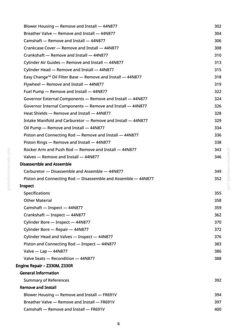 May include: A white page with a detailed table of contents from a manual, listing engine repair procedures. The text includes terms like "Remove and Install," "Inspect," and specific engine component names, such as "Crankshaft" and "Cylinder Head."