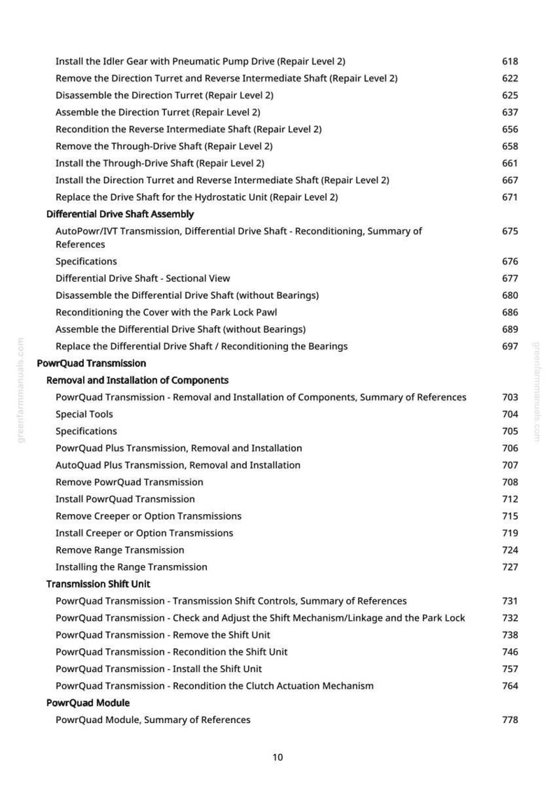 May include: A detailed list of mechanical repair procedures, including "Install the Idler Gear" and "Remove the Direction Turret." The text is in black font on a white background, with page numbers and a website address.