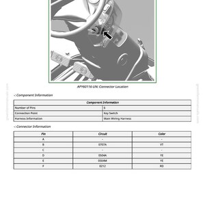May include: Diagram of a vehicle's steering column and dashboard, with a focus on the ignition key area. The image includes a table with component and connector information, including pin numbers, circuits, and color codes. Text reads "APY60116-UN: Connector Location."