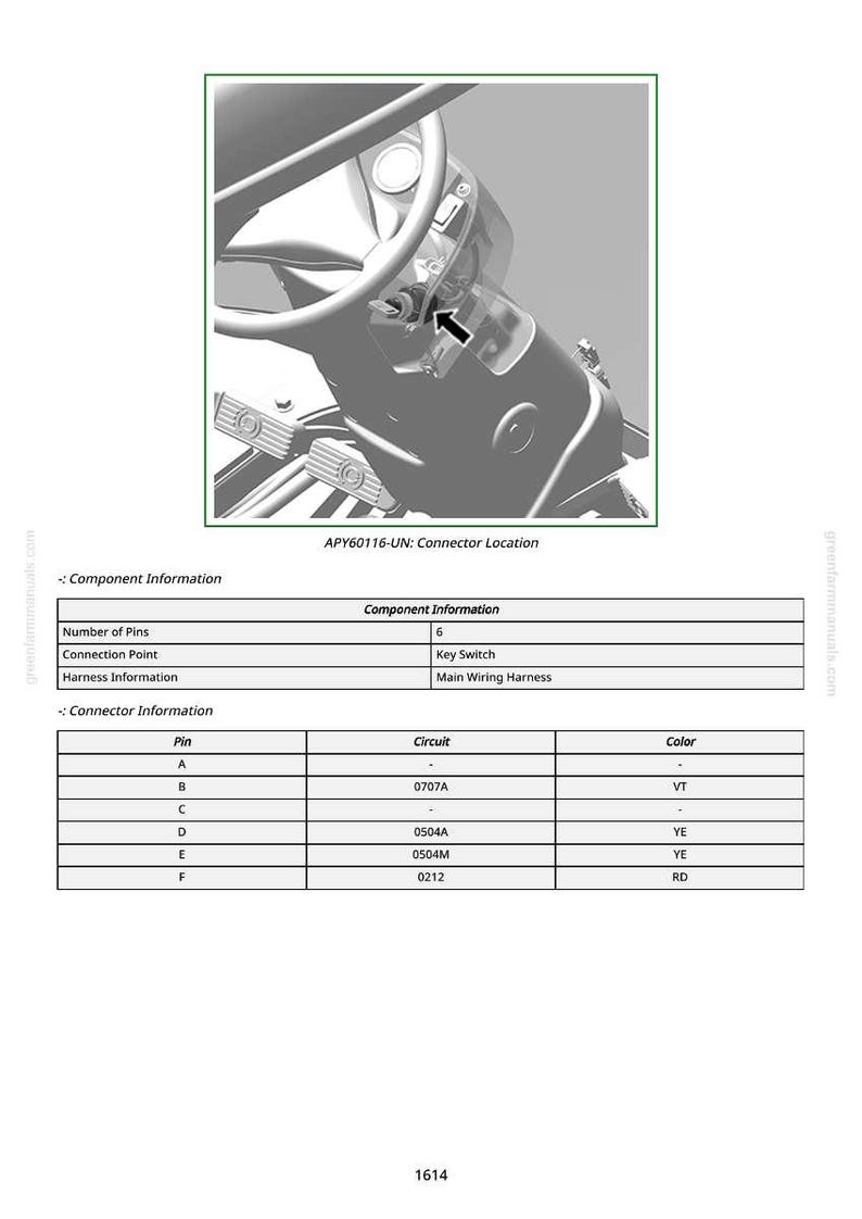 May include: Diagram of a vehicle's steering column and dashboard, with a focus on the ignition key area. The image includes a table with component and connector information, including pin numbers, circuits, and color codes. Text reads "APY60116-UN: Connector Location."