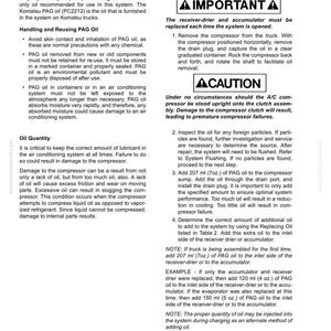 May include: A page from a technical manual detailing air conditioning system oil requirements. It includes instructions for checking oil levels, handling PAG oil, and safety precautions. The text is in black and white with diagrams.