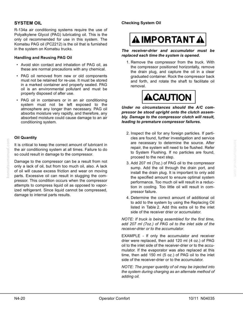 May include: A page from a technical manual detailing air conditioning system oil requirements. It includes instructions for checking oil levels, handling PAG oil, and safety precautions. The text is in black and white with diagrams.