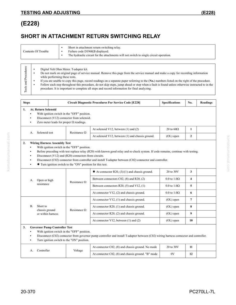K&ouml;nnte beinhalten: Seite aus einem Servicehandbuch mit detaillierten Test- und Einstellverfahren f&uuml;r einen Kurzschluss in einem Anbauger&auml;te-R&uuml;ckschaltrelais. Enth&auml;lt Schritte, Spezifikationen und Messwerte.