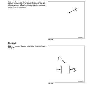 Op de afbeelding: Diagram van een knoperremassemblage met de tekst "KNOTTER BRAKE ASSEMBLY" en "Algemene informatie". Figuur 26 toont een diagram met het nummer 1 en een pijl. Figuur 27 toont een diagram met het nummer 1, de letter A en pijlen.