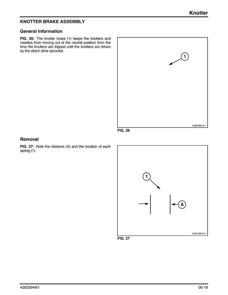Op de afbeelding: Diagram van een knoperremassemblage met de tekst "KNOTTER BRAKE ASSEMBLY" en "Algemene informatie". Figuur 26 toont een diagram met het nummer 1 en een pijl. Figuur 27 toont een diagram met het nummer 1, de letter A en pijlen.