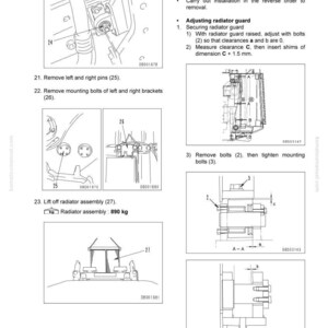 May include: Diagram of radiator assembly installation with step-by-step instructions. Includes illustrations of parts, measurements, and the text "INSTALLATION OF RADIATOR ASSEMBLY". The radiator assembly weighs 890 kg.