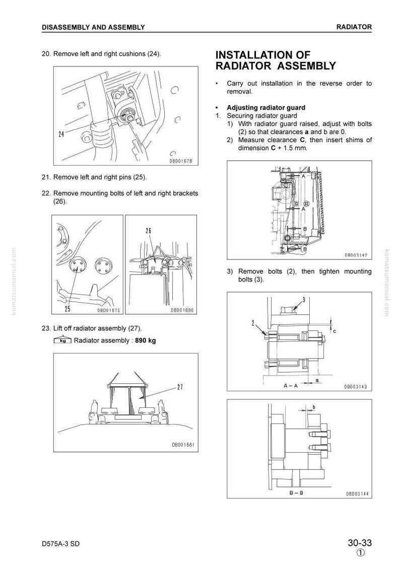 May include: Diagram of radiator assembly installation with step-by-step instructions. Includes illustrations of parts, measurements, and the text "INSTALLATION OF RADIATOR ASSEMBLY". The radiator assembly weighs 890 kg.